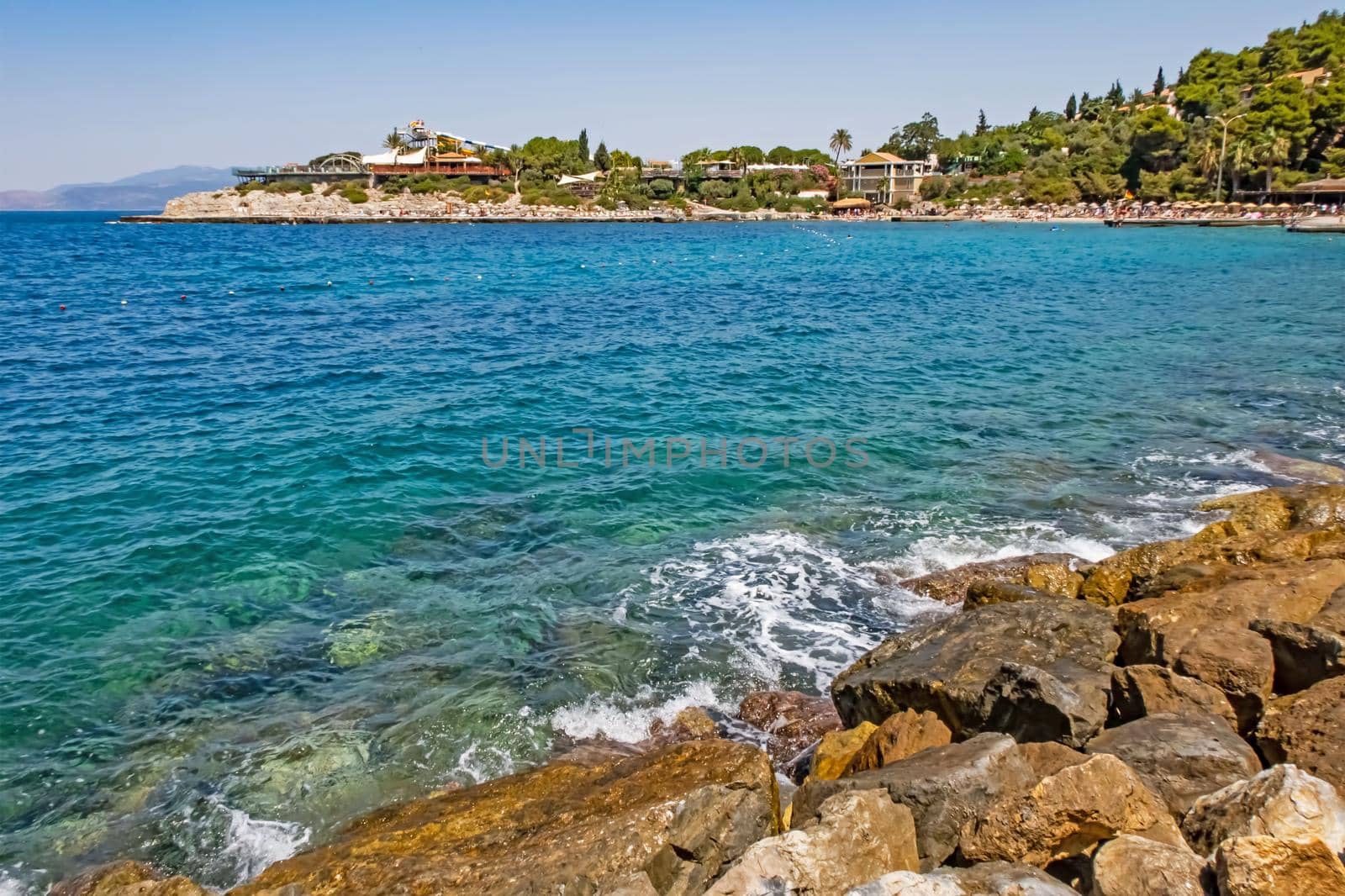 Kusadasi,Aydin,Turkey- July 25,2021.The view from Pinebay holiday village and resort in Kusadasi, in the sea and nature and summer sesason.