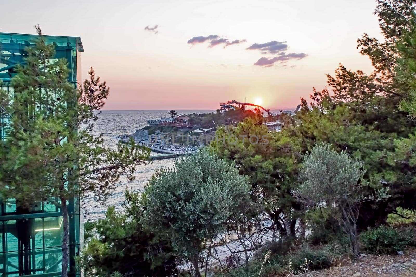 Kusadasi,Aydin,Turkey- July 25,2021.The view from Pinebay holiday village and resort in Kusadasi, in the sea and nature and summer sesason.