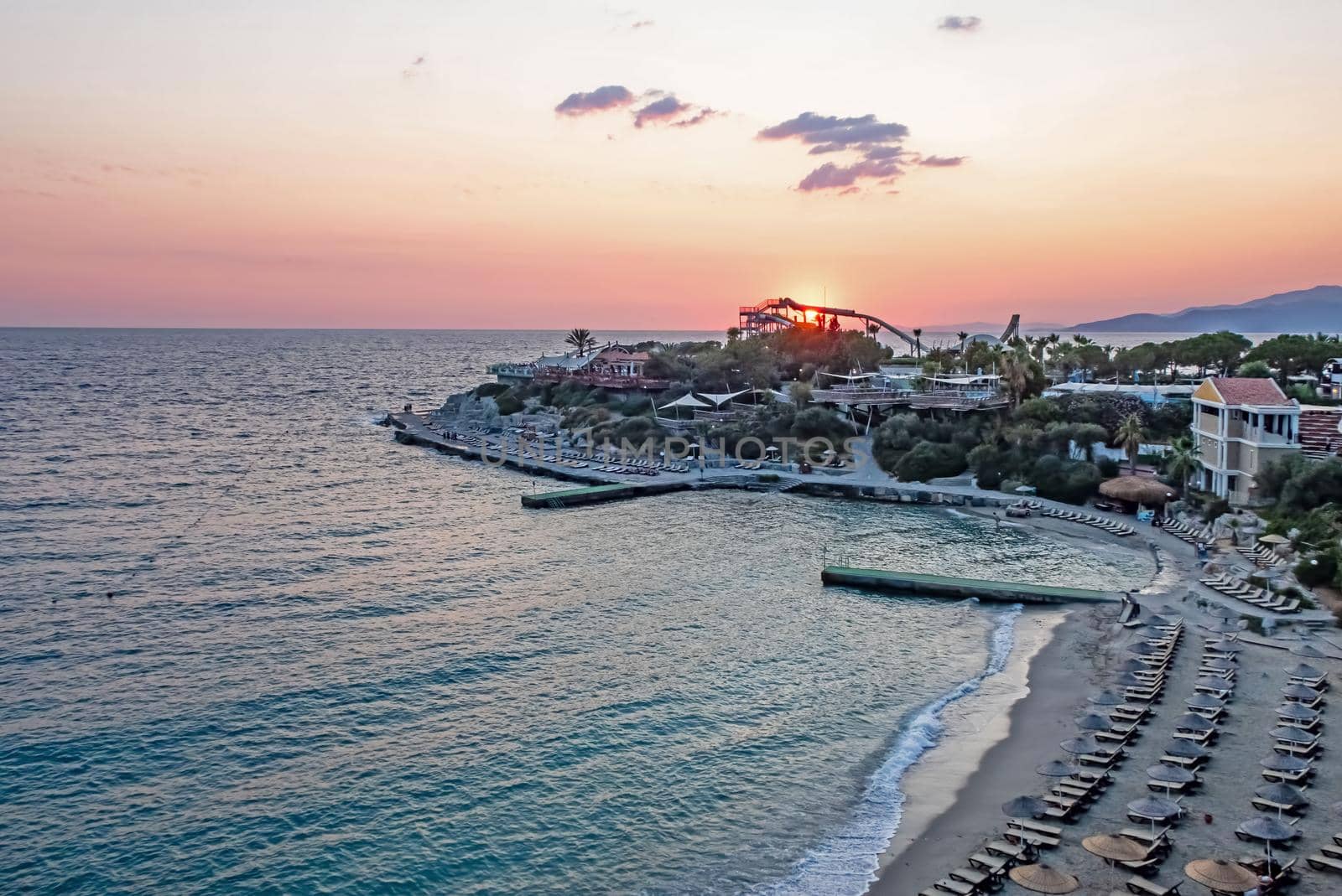 Kusadasi,Aydin,Turkey- July 25,2021.The view from Pinebay holiday village and resort in Kusadasi, in the sea and nature and summer sesason.