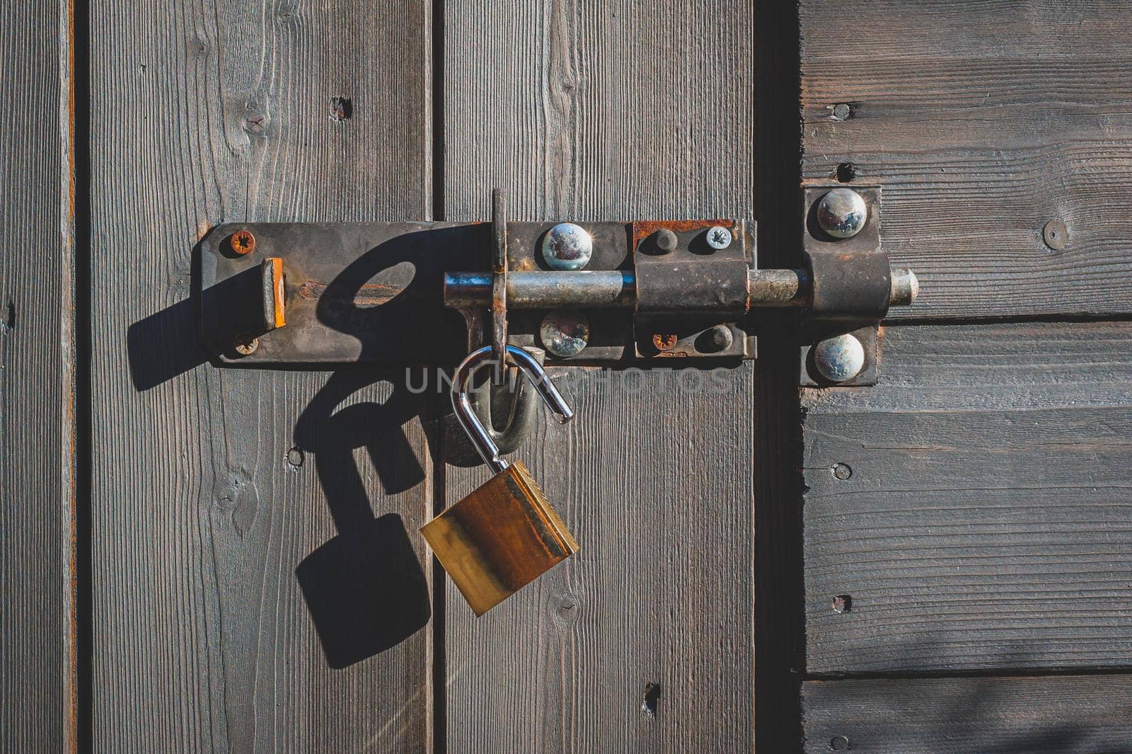 Brass padlock with bolt lock on wooden door.