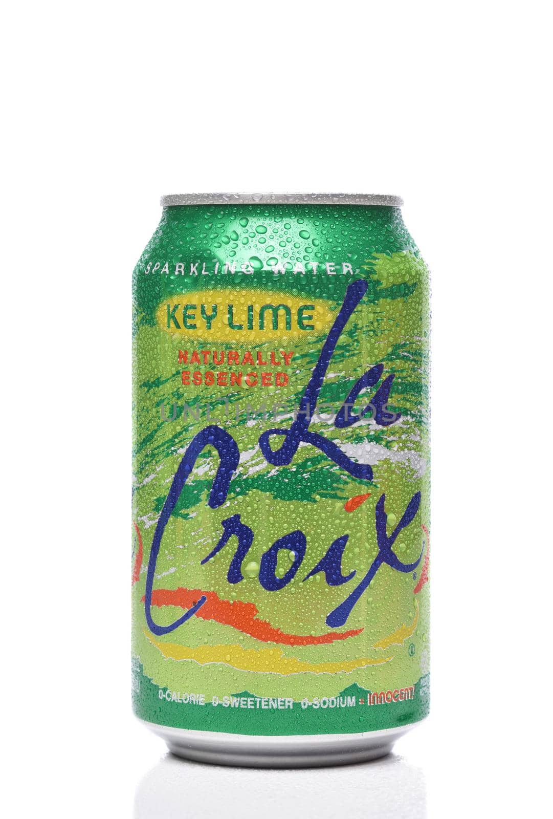 IRVINE, CALIFORNIA - 20 DEC 2019: A single can of La Croix Key Lime Sparkling Water with condensation isolated on white with reflection.