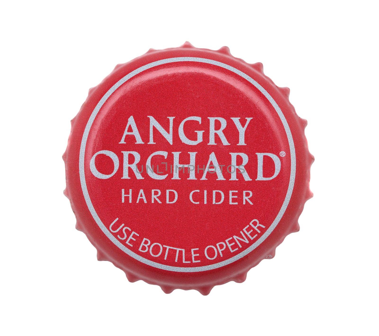 IRVINE, CALIFORNIA - 4 JUNE 2020: Closeup of an Angry Orchard Hard Cider bottle cap on white. by sCukrov