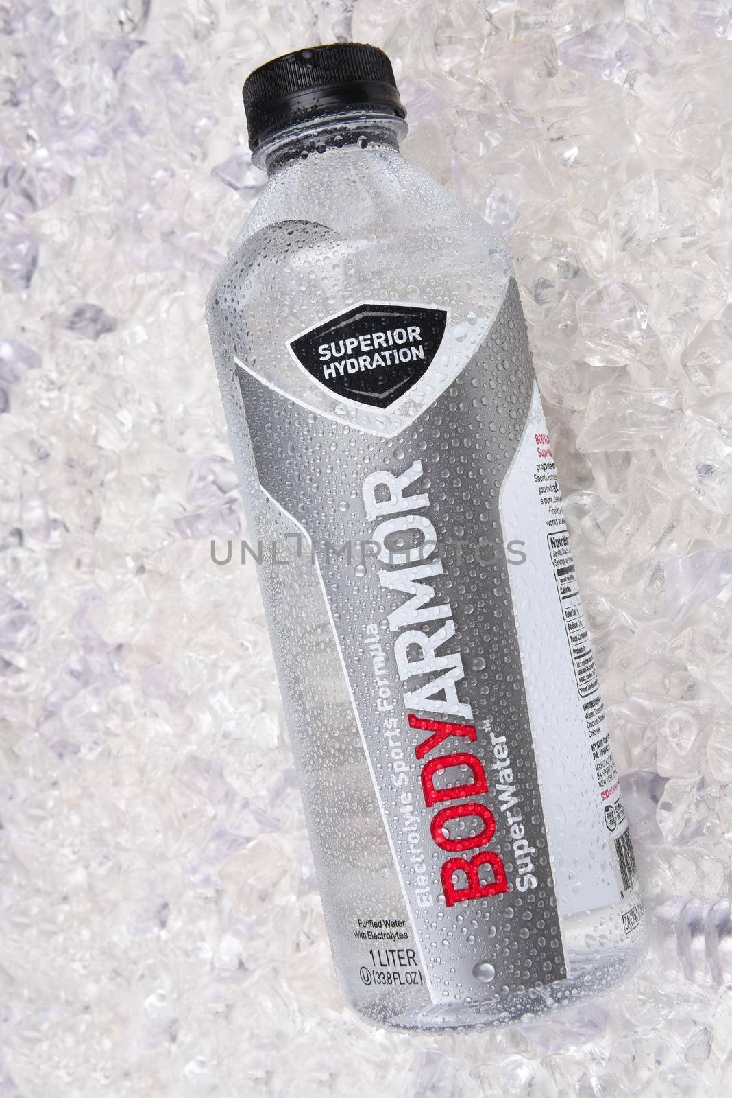 IRVINE, CALIFORNIA - JANUARY 5, 2018: BodyArmor Super Water on ice. The sports drink has Electrolytes, High performance pH in a Wide-mouth bottle. 