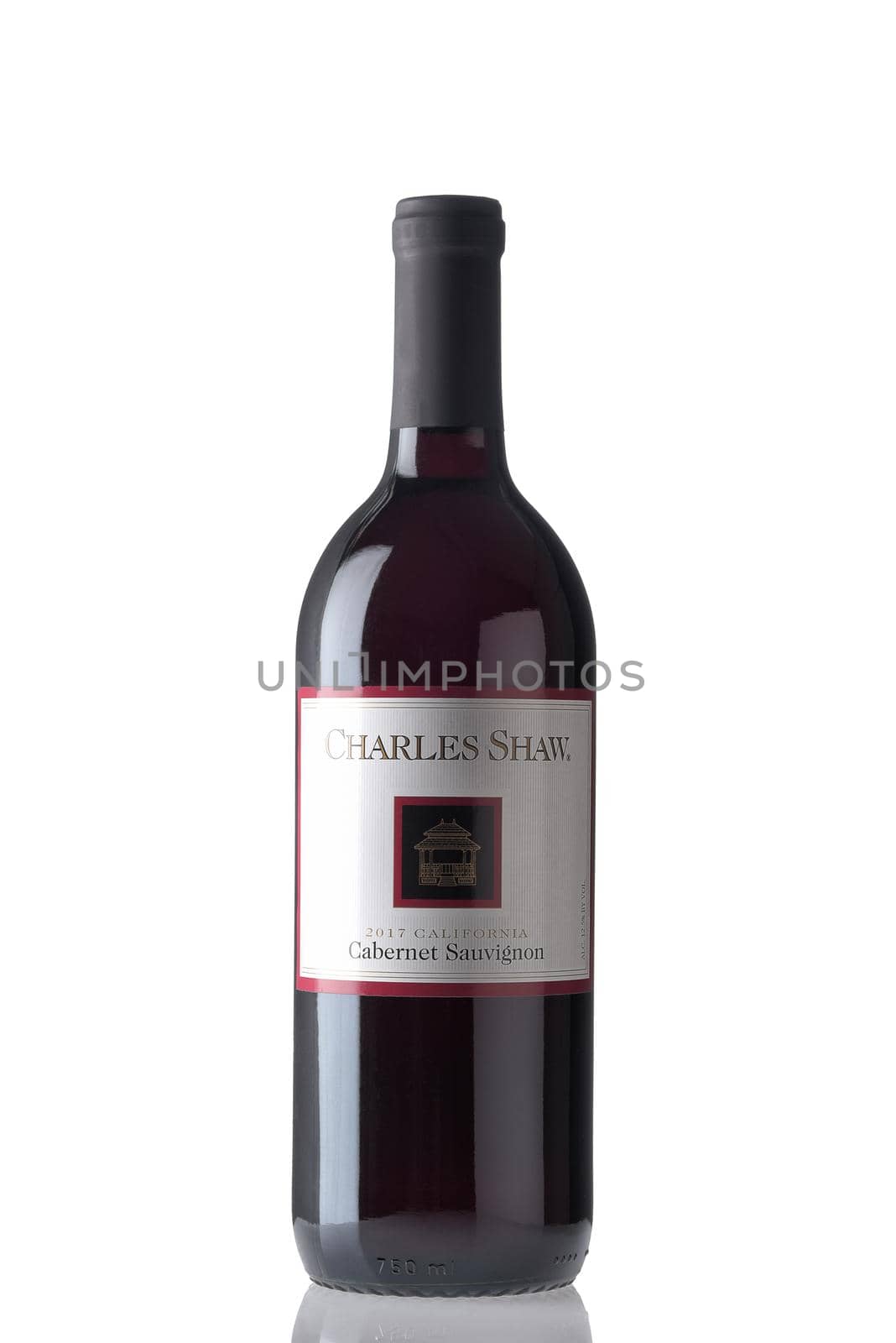 IRVINE, CALIFORNIA - 2 JUN 2021: A bottle of Charles Shaw Cabernet Sauvigon, Trader Joes private label bargain wine.