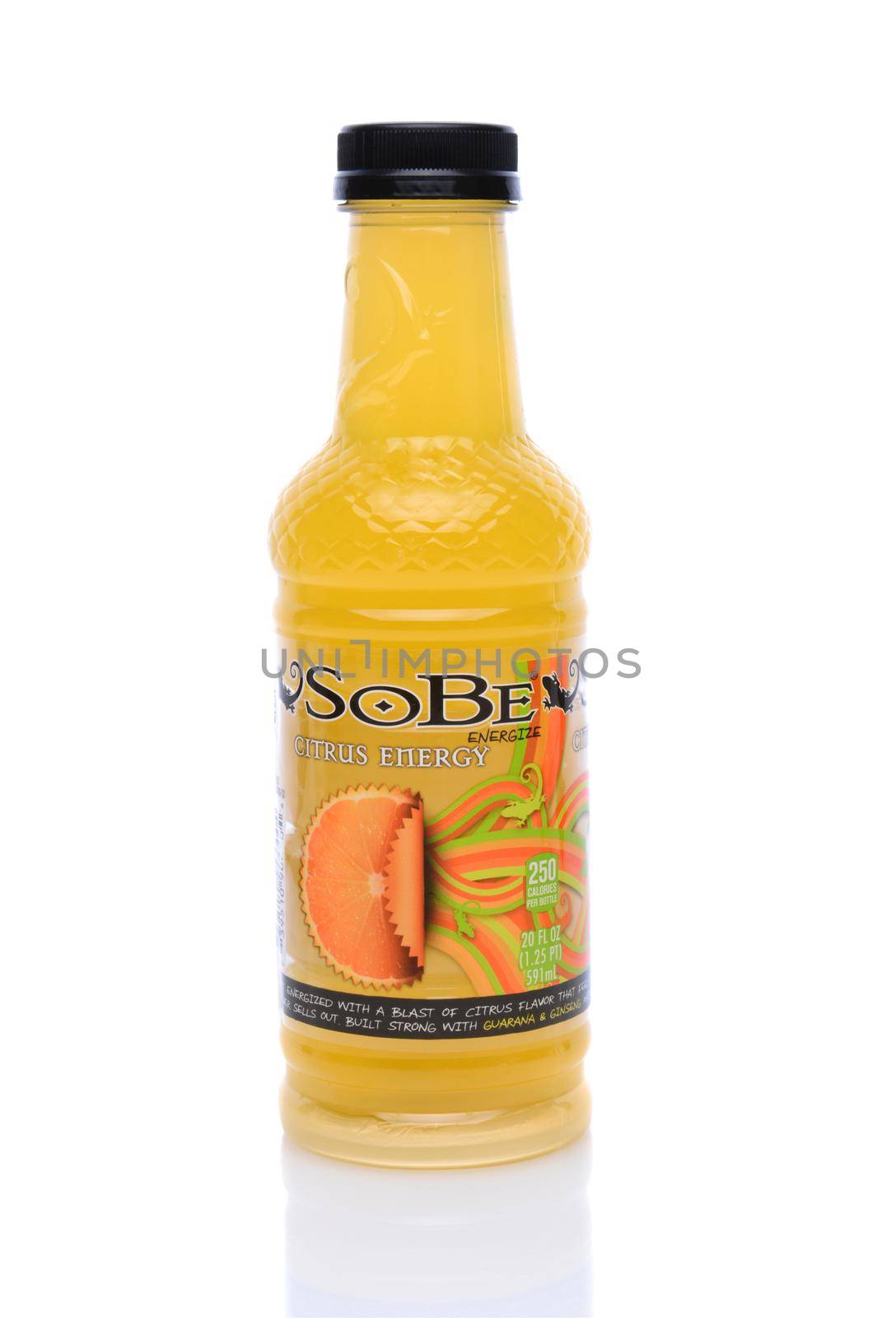 IRVINE, CA - MAY 14, 2014: A Bottle of SoBe Citrus Energy Drink  The name SoBe is an abbreviation of South Beach, named after the upscale area of Miami Beach, Fl.