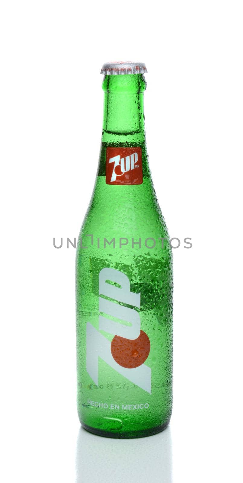 IRVINE, CA - FEBRUARY 19, 2015: A glass 7-Up bottle. A lemon-lime flavored, non-caffeinated soft drink. The rights to the brand are held by Dr Pepper Snapple Group in the USA, and PepsiCo elsewhere. 