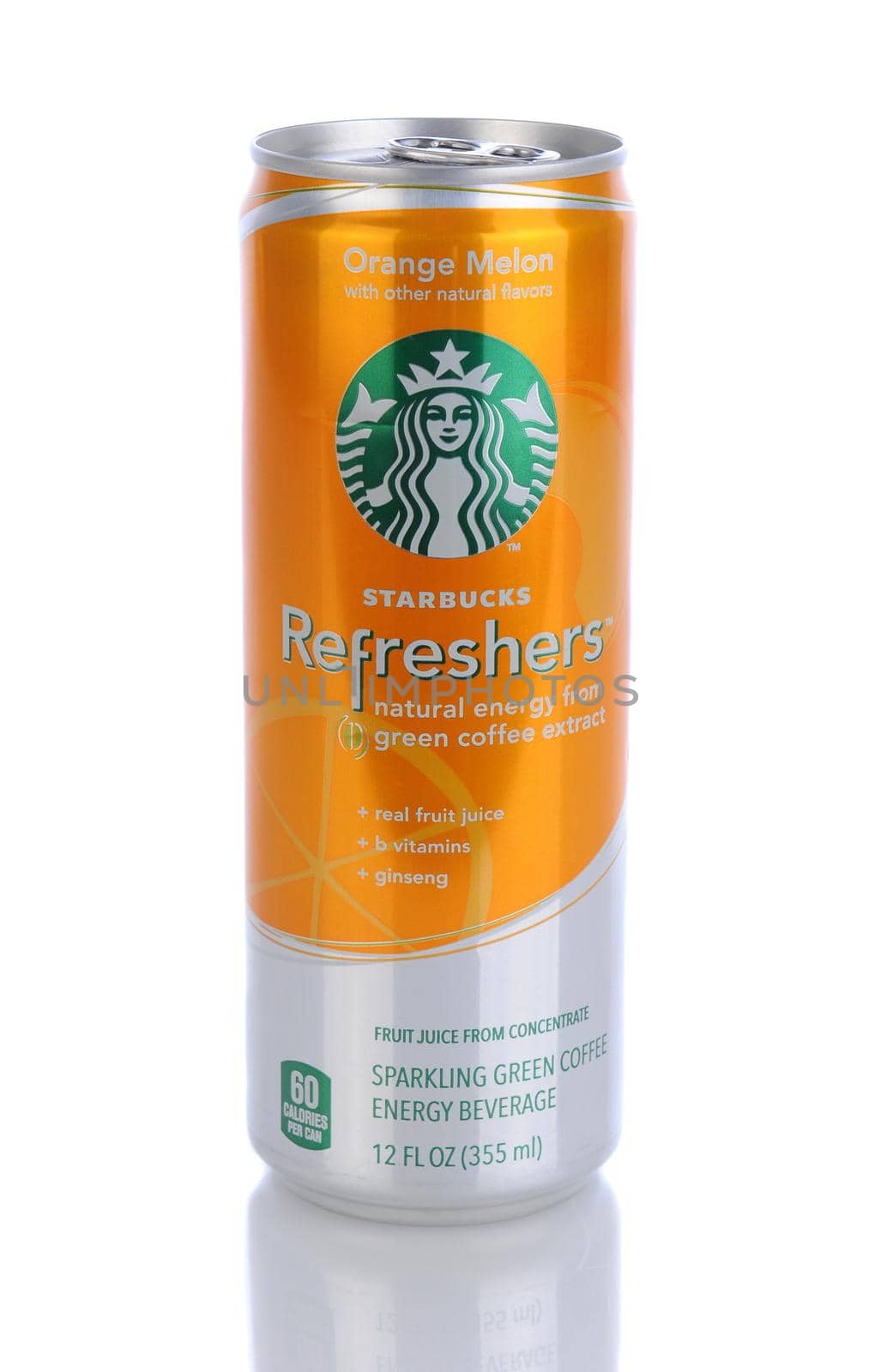 IRVINE, CA - January 11, 2013: A 12 oz can of Starbucks Orange Melon Refreshers Energy Beverage. Seattle based Starbucks is the largest coffeehouse company in the world, with over 20,000 stores in 62 countries.