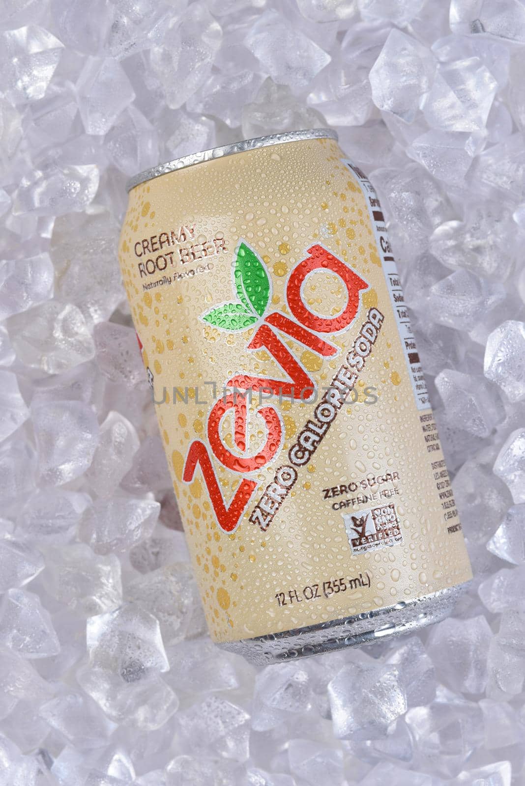 IRIVNE, CALIFORNIA - 17 JUL 2021: A cold can of Zevia Creamy Root Beer Zero Calorie Soda, in a bed of ice. by sCukrov