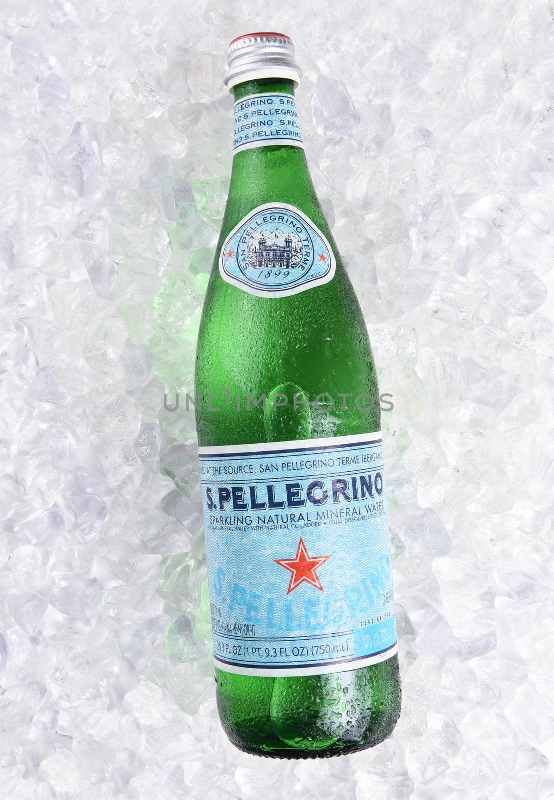 IRVINE, CALIFORNIA - MARCH 16, 2017: San Pellegrino Mineral Water on ice.  The sparkling water is produced in San Pellegrino Terme, in the Province of Bergamo, Lombardy, Italy. 