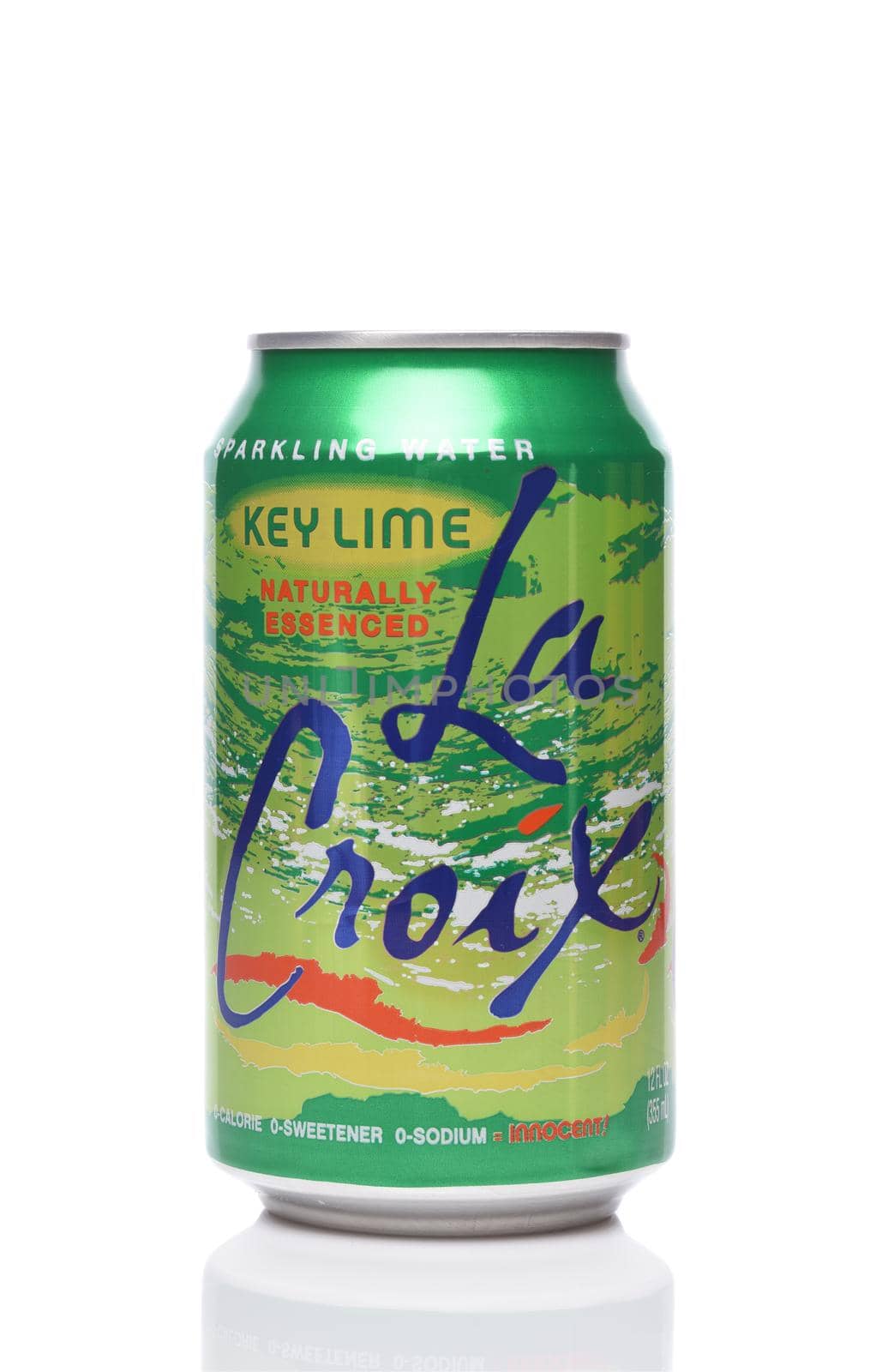 IRVINE, CALIFORNIA - 20 DEC 2019: A single can of La Croix Key Lime Sparkling Water on white with reflection. by sCukrov