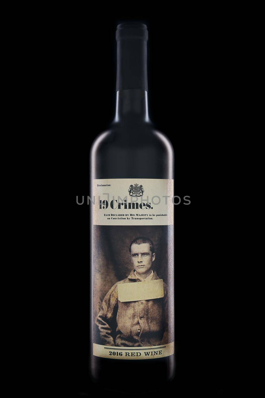 IRVINE, CALIFORNIA - OCT 15, 2018: 19 Crimes Red Wine. The name comes from the British Law and the 19 crimes punishable by sentence to live in Australia.