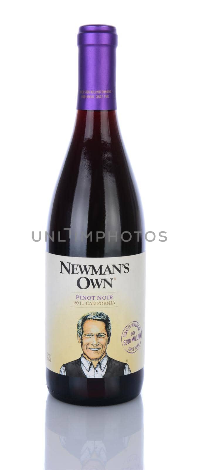 IRVINE, CA - January 29, 2014: A 750ml bottle of Newmans Own Pinot Noir California wine. The company gives 100% of the after-tax profits from the sale of its products to Newman's Own Foundation.
