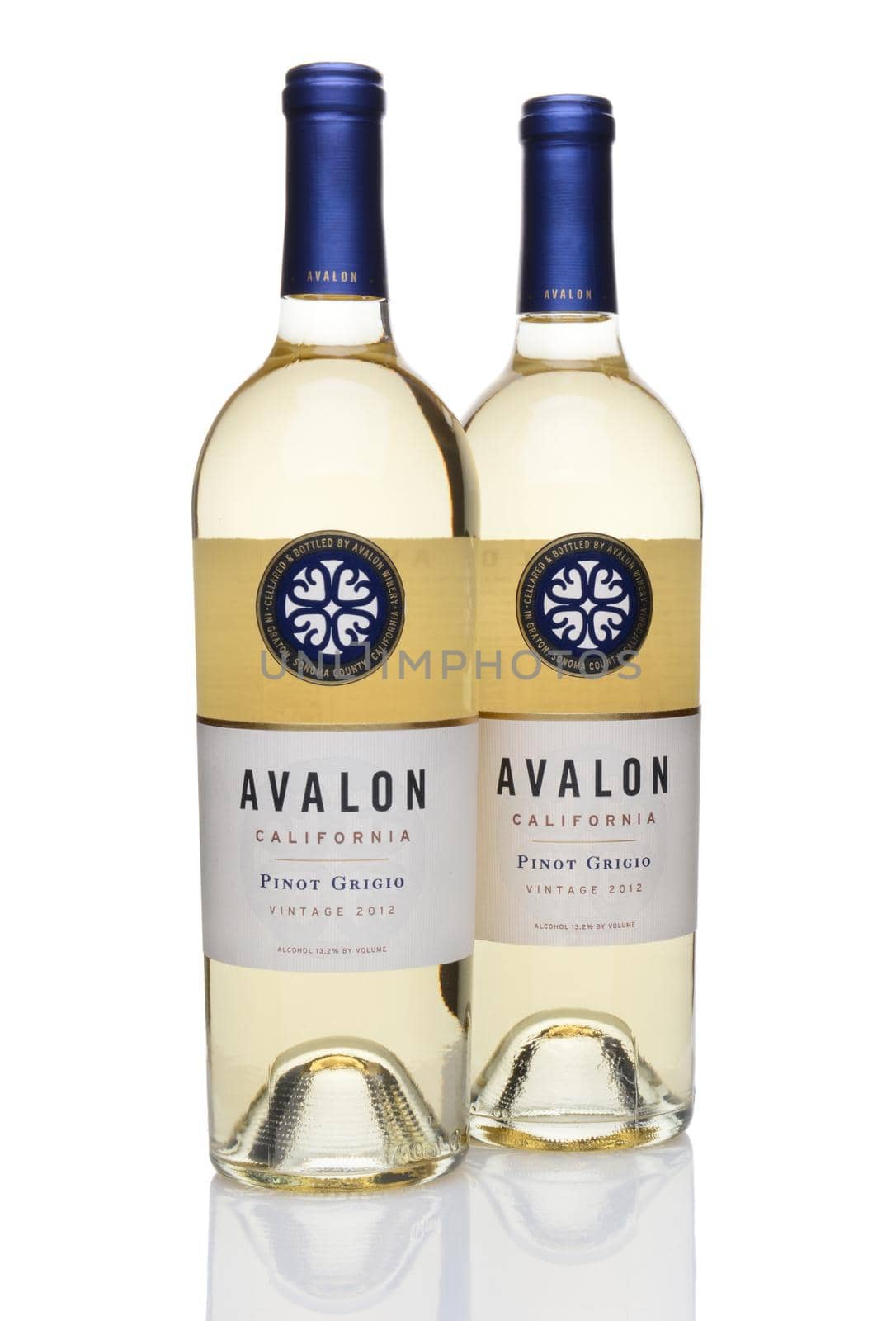 IRVINE, CA - JUNE 23, 2014: Two bottles of Avalon Pinot Grigio Wine. From the Purple Wine Company in Graton, California, Avalon sources it's grapes from premiere vineyards in the state.