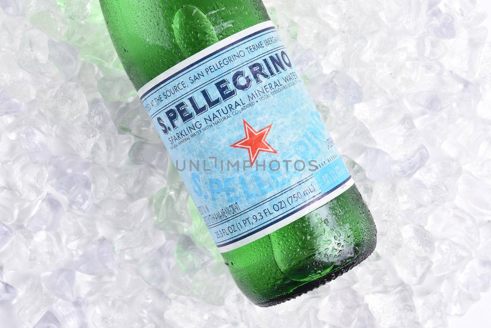 IRVINE, CALIFORNIA - MARCH 16, 2017: San Pellegrino Mineral Water on ice.  The sparkling water is produced in San Pellegrino Terme, in the Province of Bergamo, Lombardy, Italy.