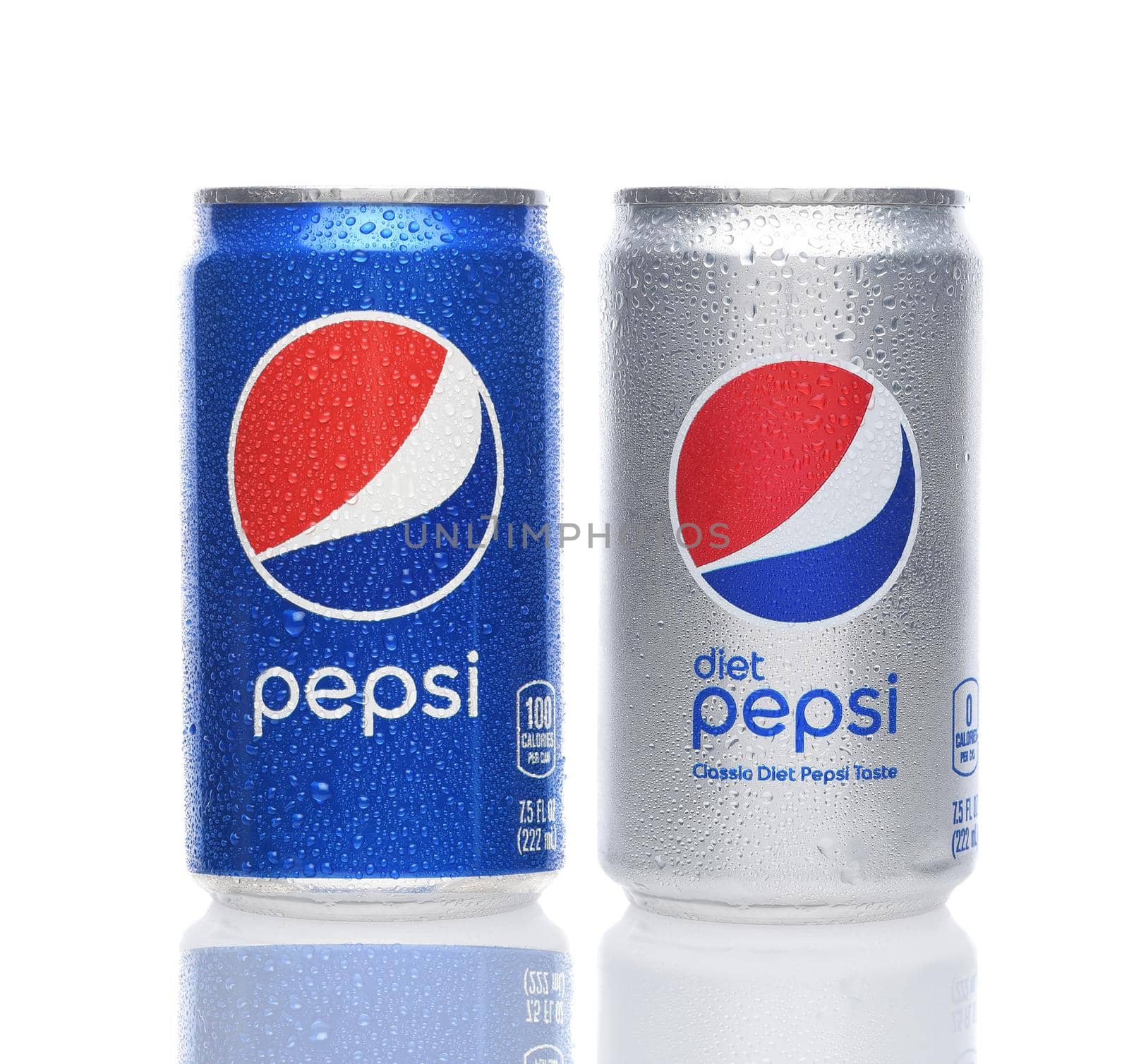 IRVINE, CALIFORNIA - 26 JUNE 2021: A 7.5 ounce can of Pepsi and Diet Pepsi on white with reflection.