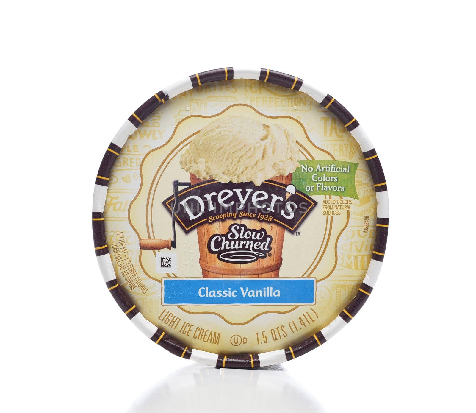 IRIVNE, CALIFORNIA - 4 JULY 2021: A Carton of Dreyers Slow Churned Classic Vanilla Ice Cream, top view of the lid.