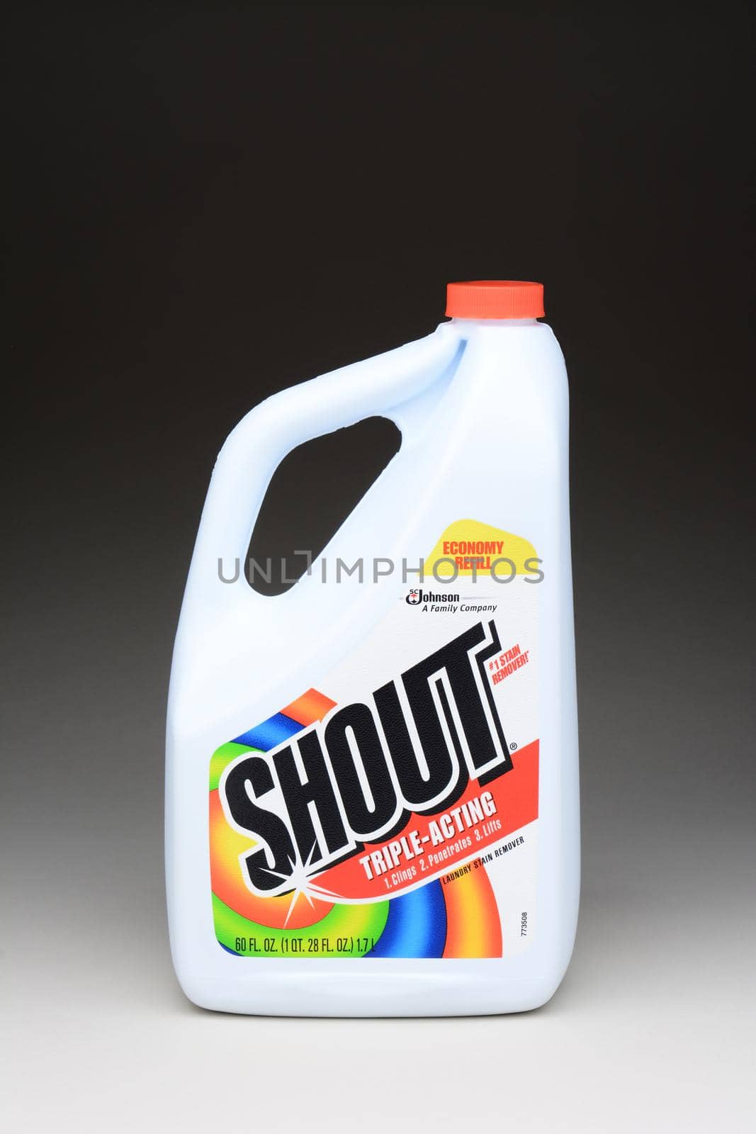 IRVINE, CA - January 11, 2013: A 60 oz refill bottle of Shout Laundry Stain Remover. Shout products are designed to help remove stains from clothing.