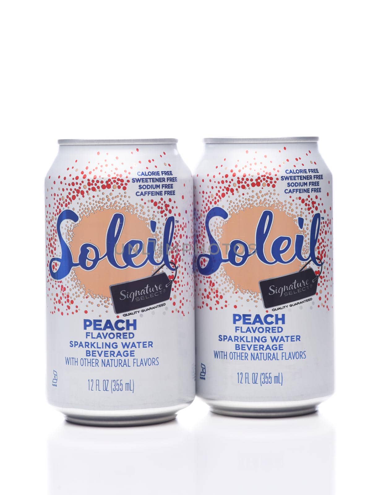 IRVINE, CALIFORNIA - 8 JUNE 2020: 2 cans of Soleil Peach flavored Sparkling Water.  by sCukrov