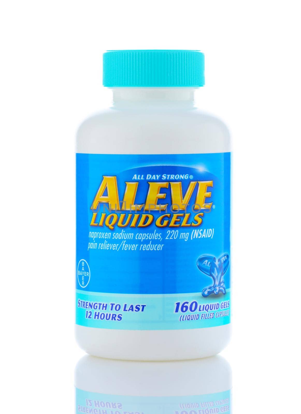 IRVINE, CALIF - SEPT 12, 2018: Aleve Liquid Gels Naproxen Sodium pain reliever from Bayer