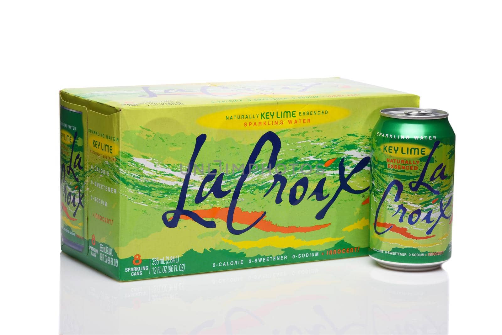 IRVINE, CALIFORNIA - 20 DEC 2019:  An 8 pack package of La Croix Key Lime Sparkling Water, one can next to box. 