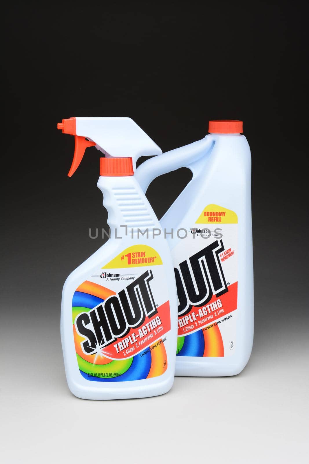 IRVINE, CA - January 11, 2013: A 22 oz bottle of Shout Laundry Stain Remover and a 60 oz refill bottle. Shout products are designed to help remove stains from clothing.