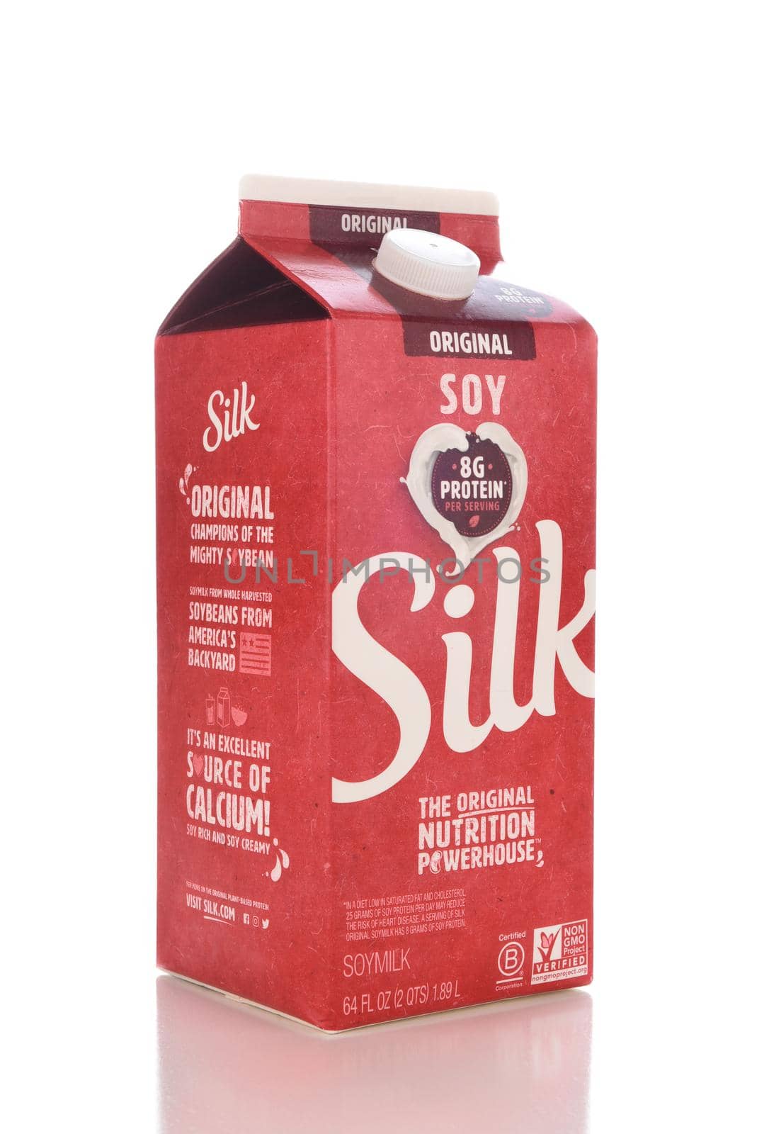 IRVINE, CALIFORNIA - APRIL 16, 2019: A 64oz carton Silk Soy Milk. Silk was founded by Steve Demos in Boulder, Colorado in 1978