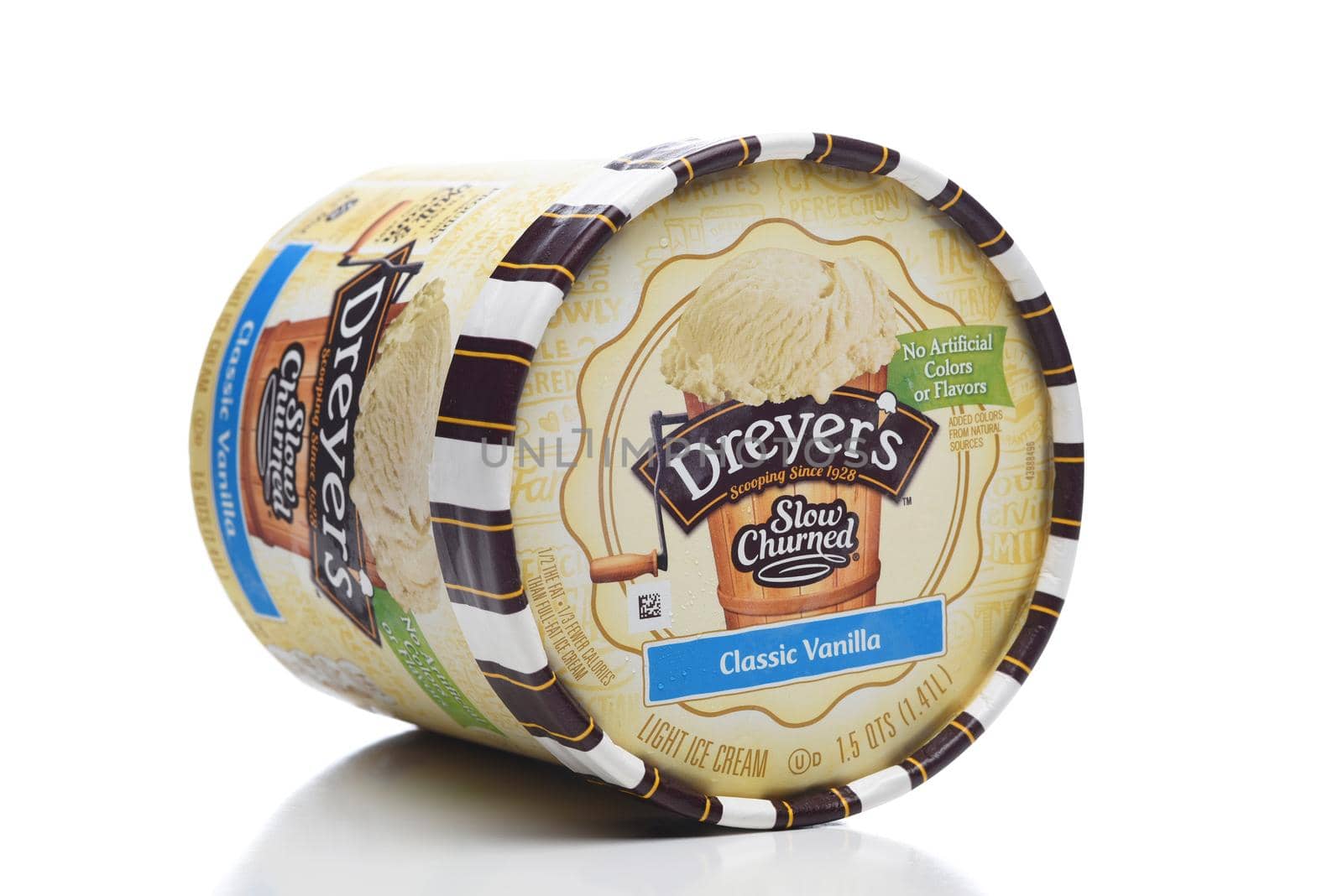 IRIVNE, CALIFORNIA - 4 JULY 2021: A Carton of Dreyers Slow Churned Classic Vanilla Ice Cream on its side. 