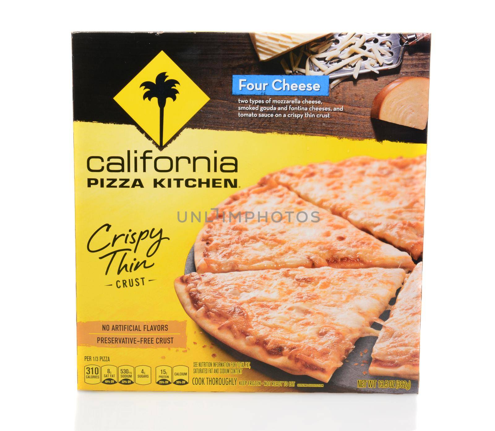 IRVINE, CA - SEPTEMBER 12, 2014: A box of California Pizza Kitchen's Frozen Four Cheese Pizza. CPK specializes in innovative and non-traditional pizzas launching is frozen line in 2000. 