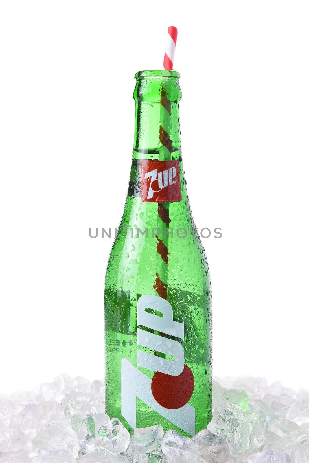 IRVINE, CA - MARCH 12, 2018: A glass 7-Up bottle. A lemon-lime flavored, non-caffeinated soft drink. The rights to the brand are held by Dr Pepper Snapple Group in the USA, and PepsiCo elsewhere. 