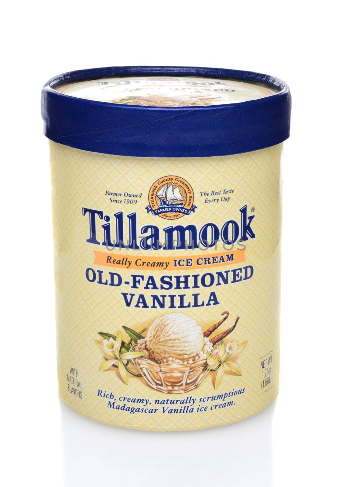 IRVINE, CA - JUNE 23, 2014: A carton of Tillamook Old-Fashioned Vanilla Ice Cream. Tillamook, with over 25 varieties, has been making premium ice cream since 1947.