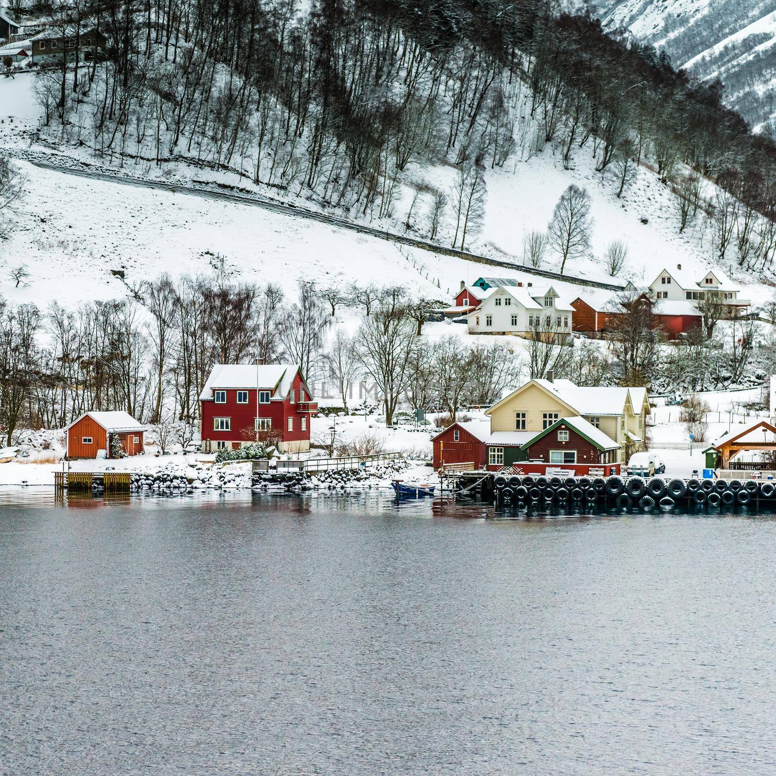 journey through fjord. red house on a background of the rocky mountains