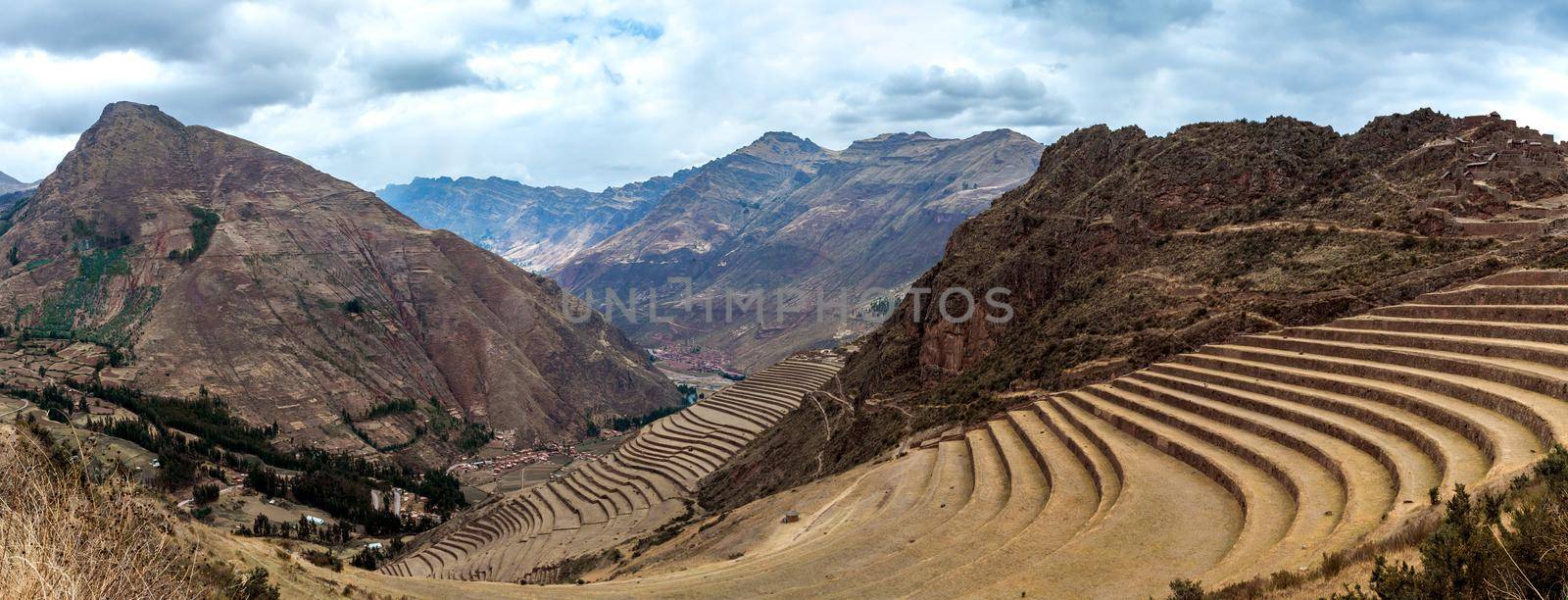 Panorama of aged agricultural terraces at the Incan ruined fortress of Pisac, Peru