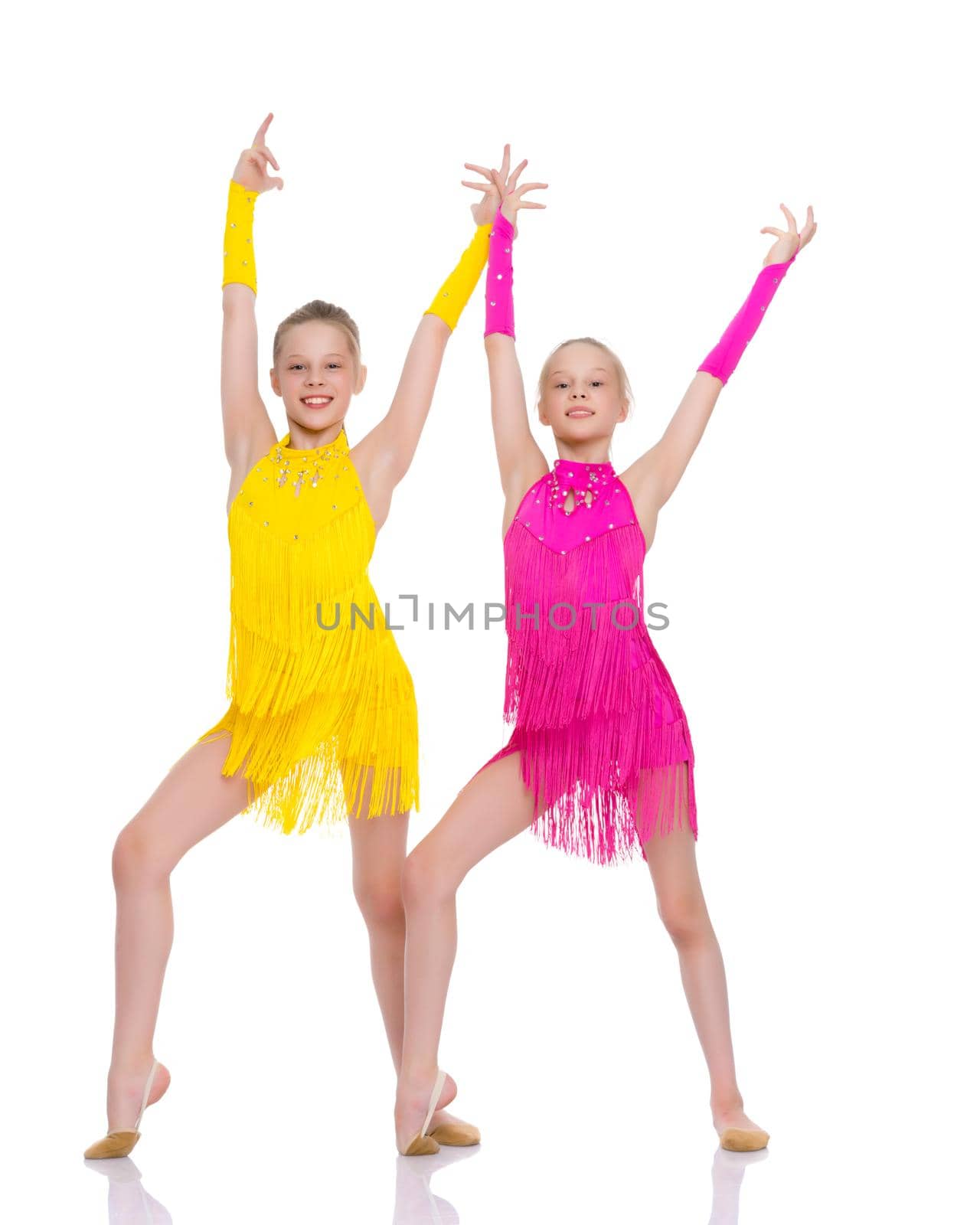 Girls gymnasts perform exercises. The concept of strength, health and sport. Isolated on white background.