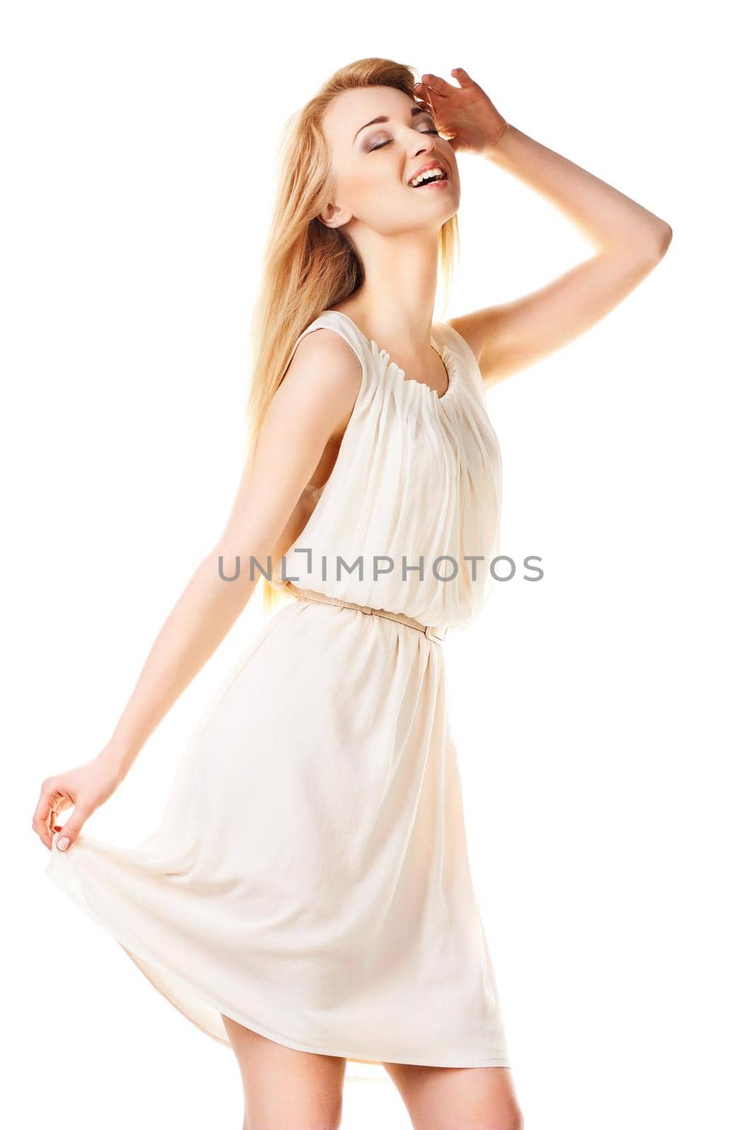 Laughing blond woman with long hair on white by Julenochek