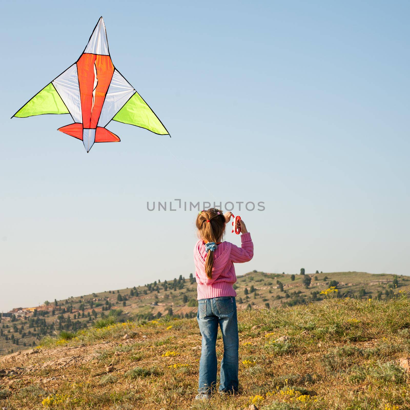 cute little girl flies a kite