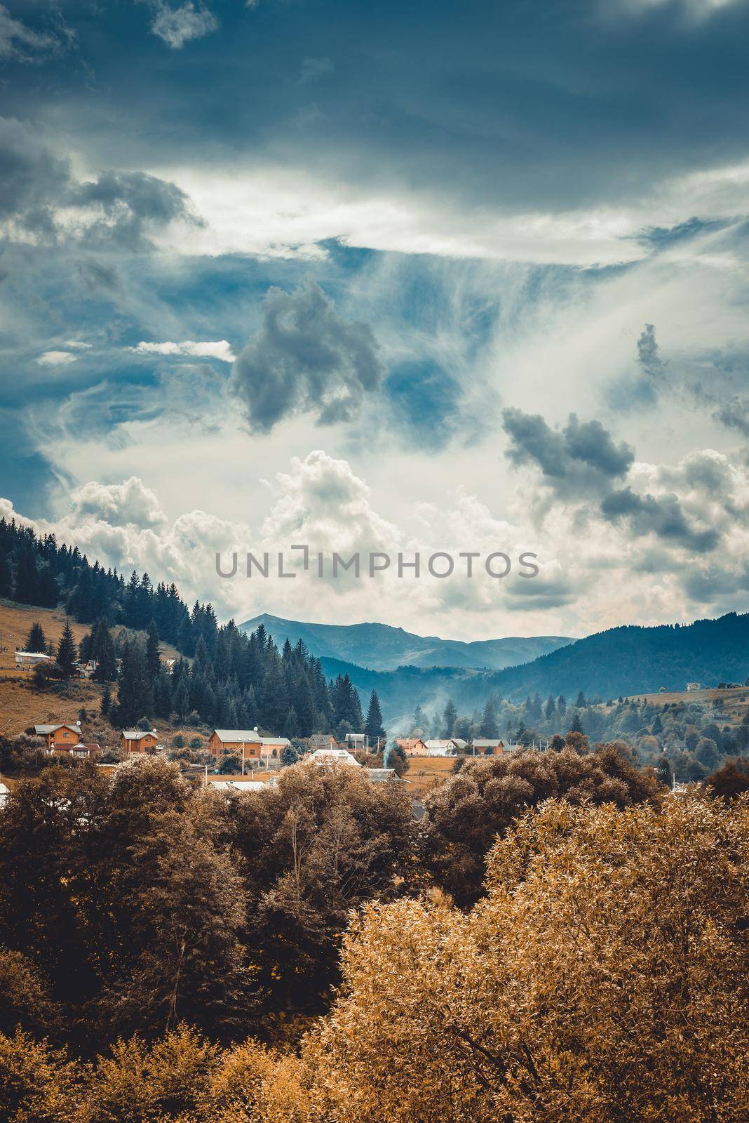 Beautiful autumn landscape in mountains Karpaty in the forest.