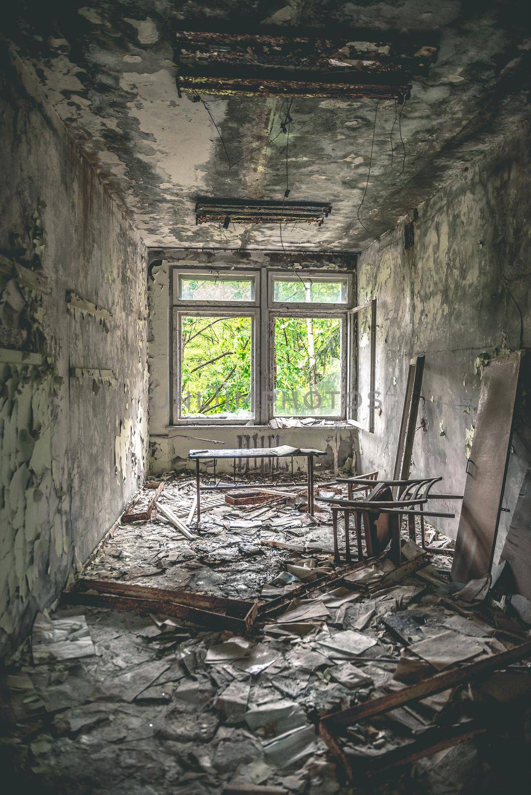 ruined abandoned class room with desks and blackboards in Pripyat school