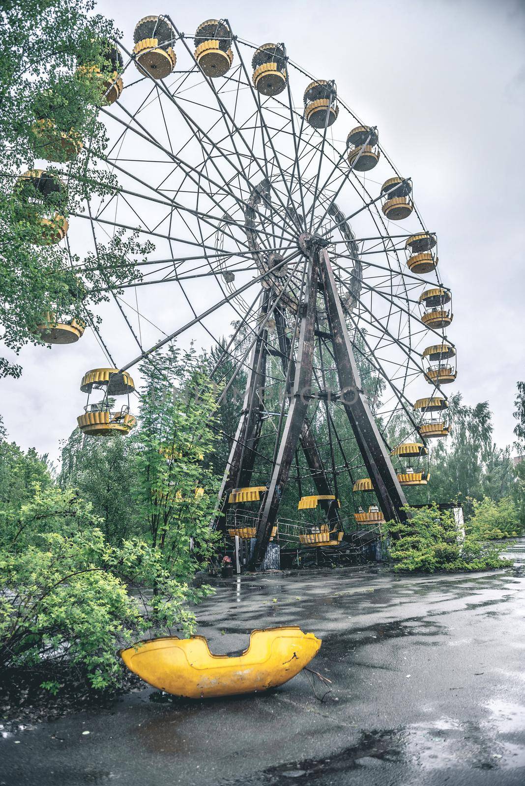 obsolete ferris wheel in abandoned Pripyat park, Chernobyl. USSR