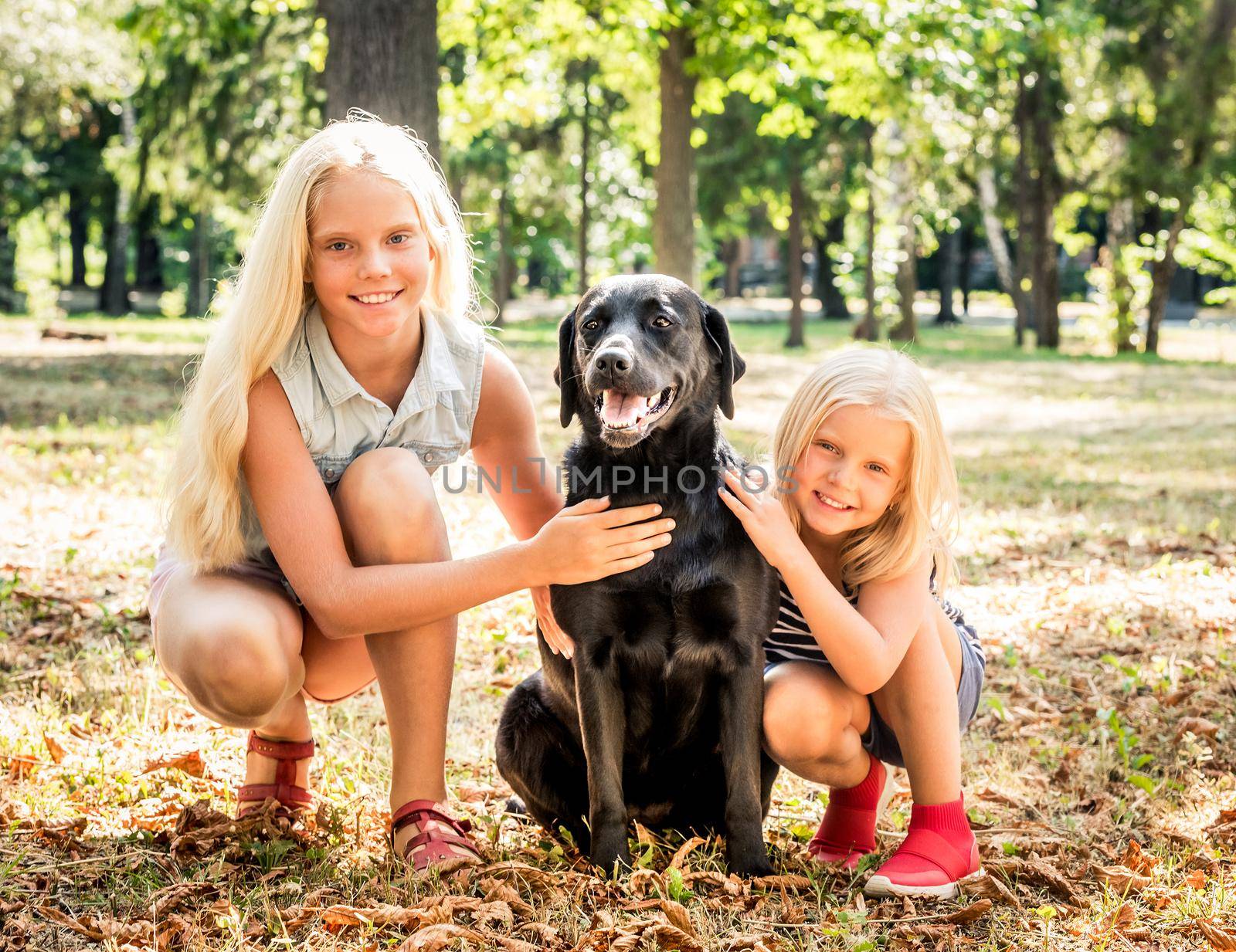 Little blond girls sit hugging a black dog in a park by tan4ikk1