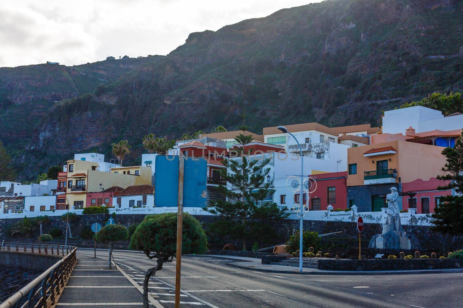 Aerial view of Garachico village on the coast of Atlantic ocean in Tenerife island of Spain