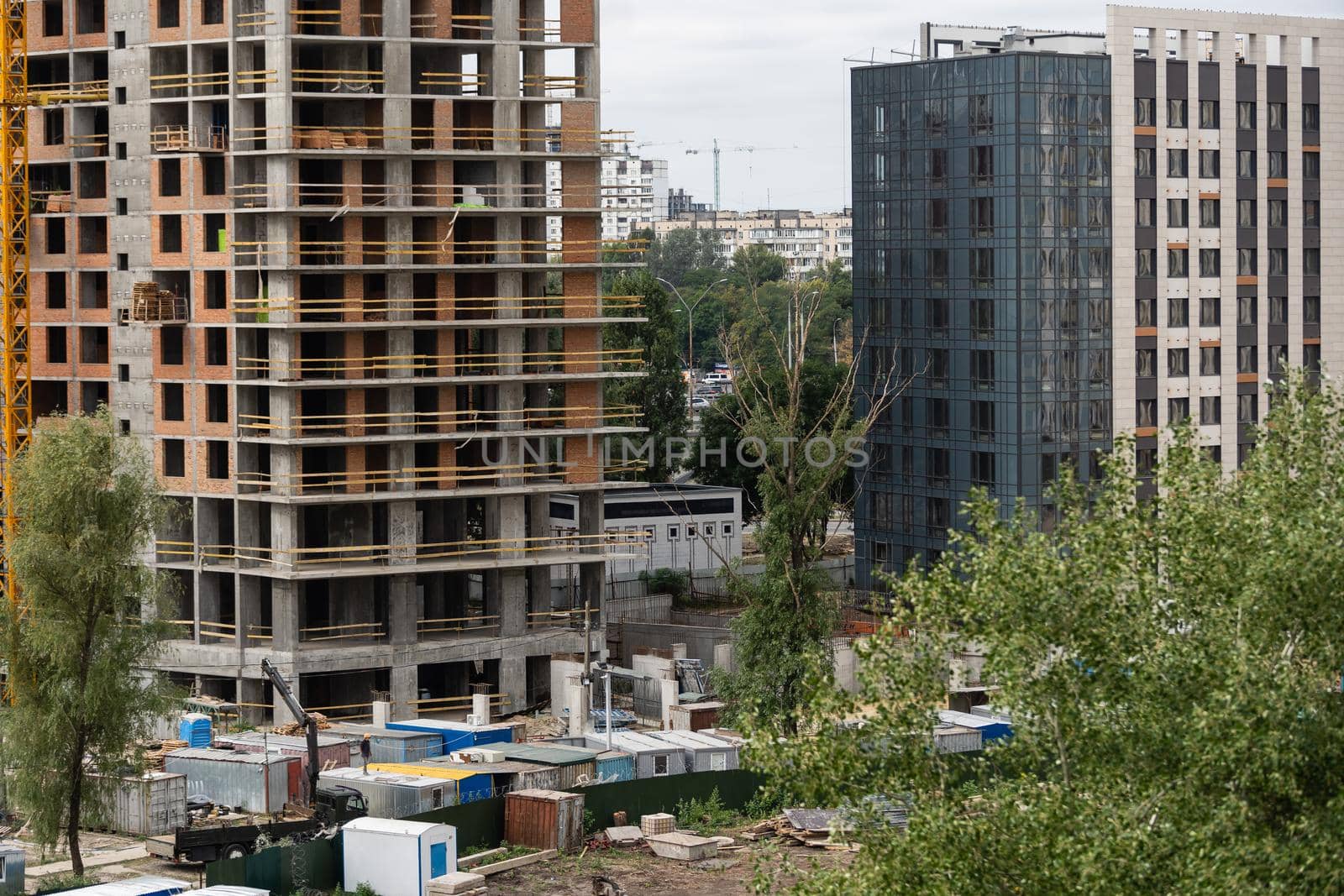 Construction site with crane and building