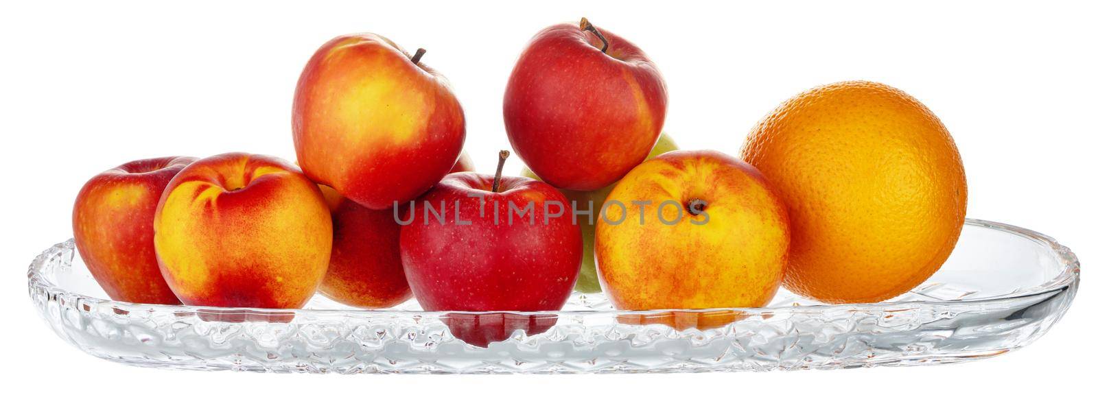 Glass bowl for fruits storage isolated on white background