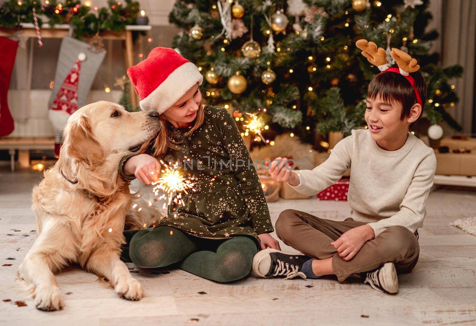 Little girl in santa hat and boy wearing reindeer horns rim holding sparklers while sitting beside golden retriever dog at home