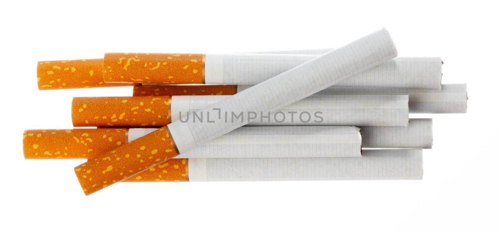 Bunch of unlit cigarettes isolated on white background