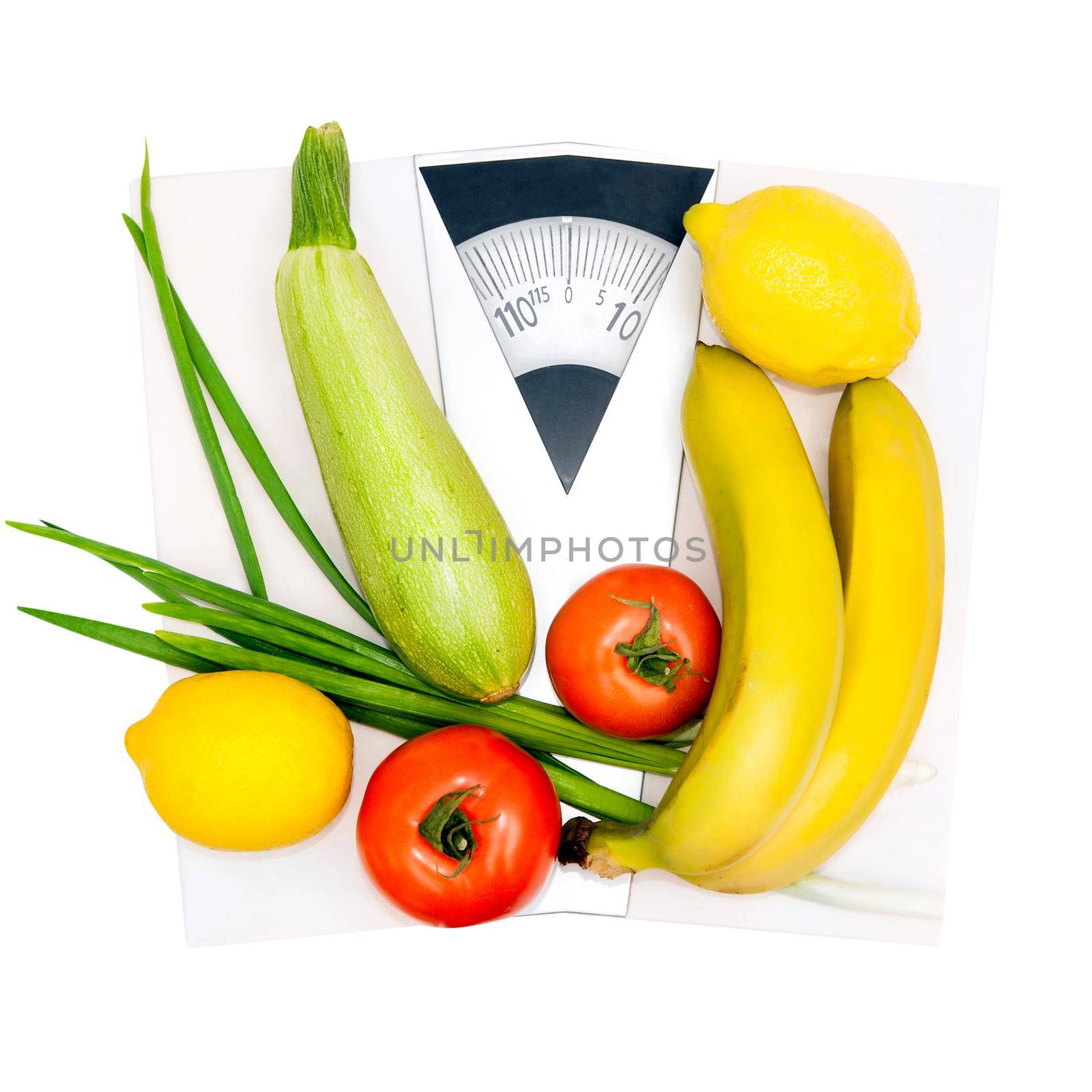 Diet and nutrition. Vegetables and fruits on the scales