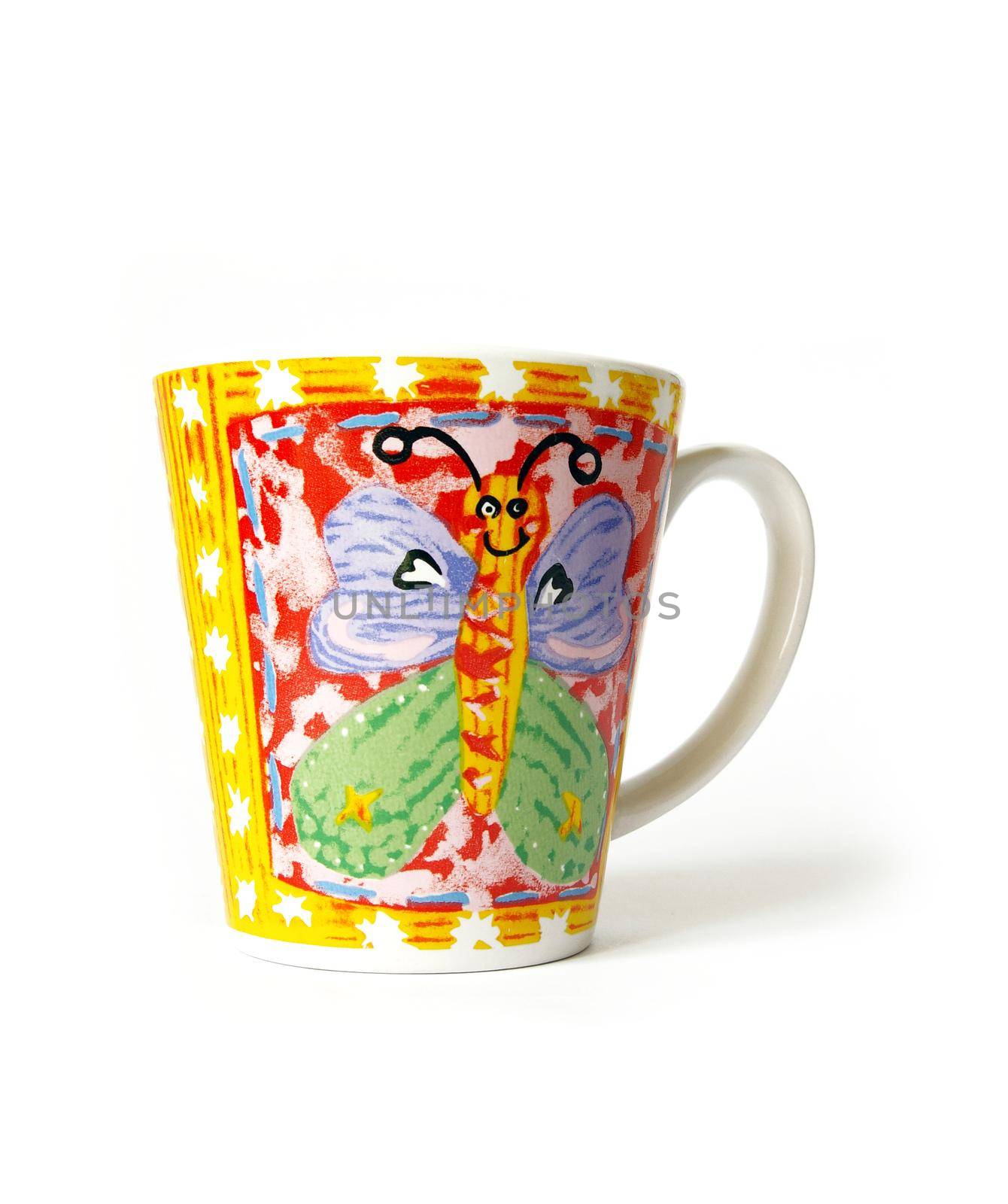 Bright cup with the butterfly on a white background