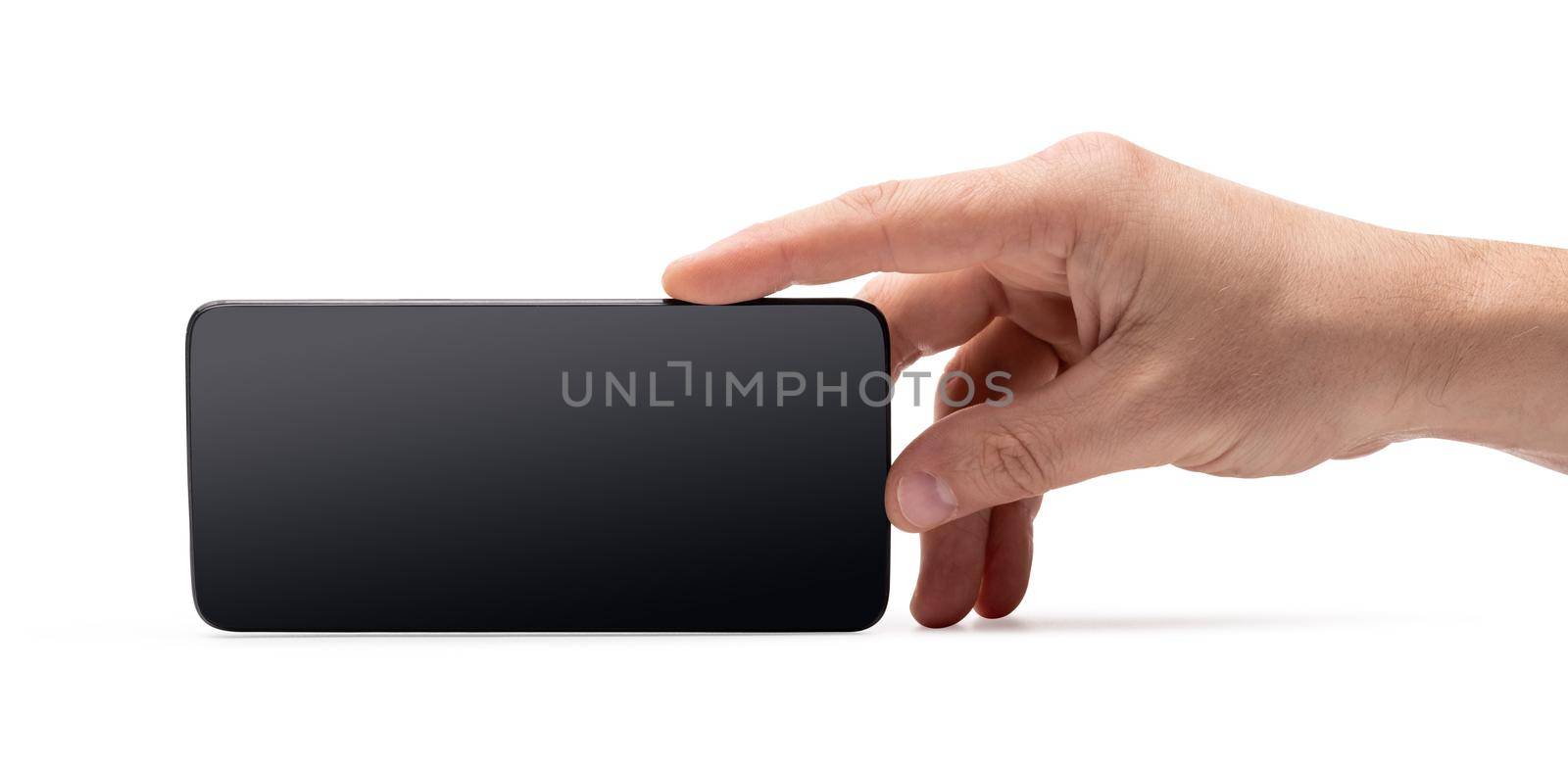 Hand holding black smartphone with blank screen isolated on white background