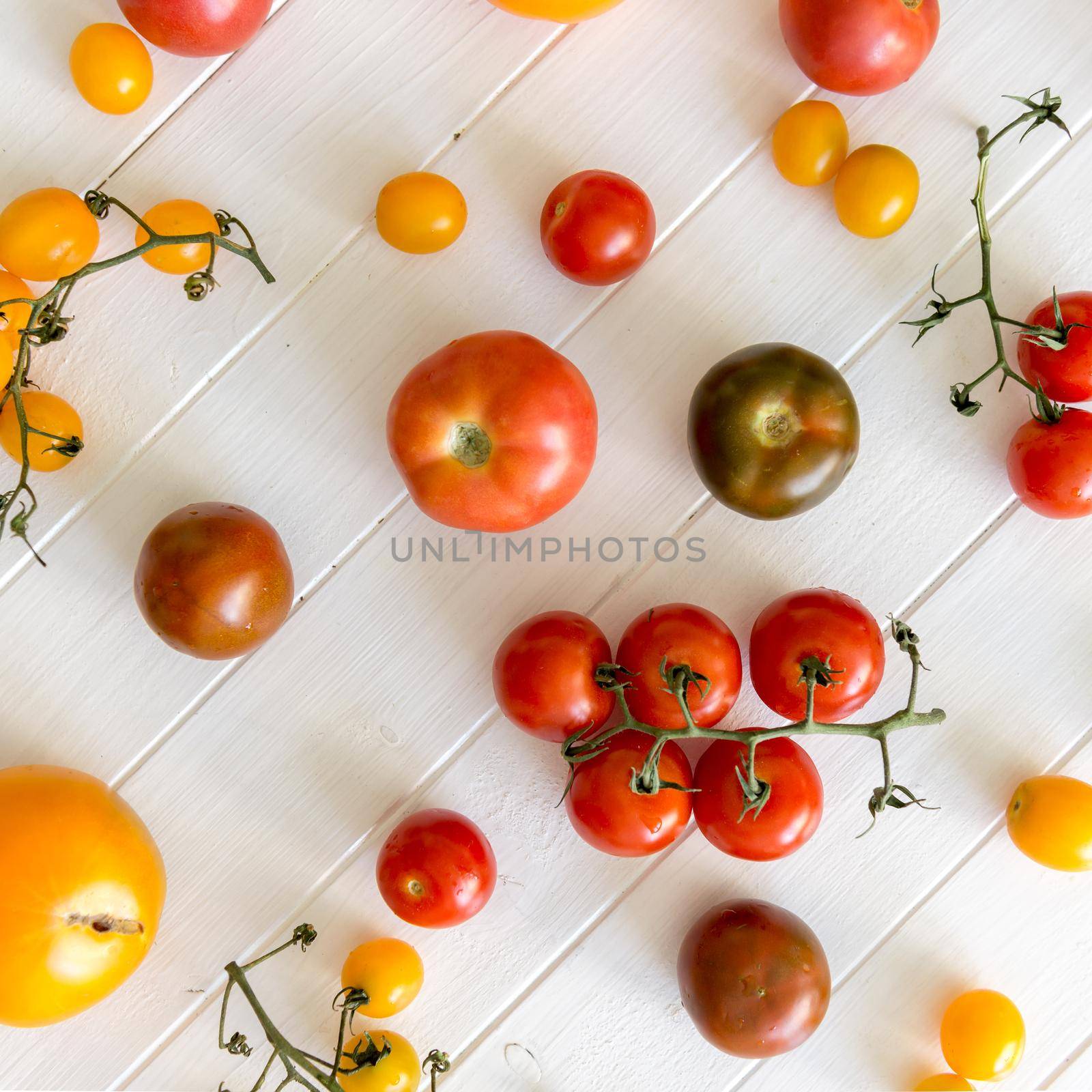 A variety of kinds of tomato on a white wooden background