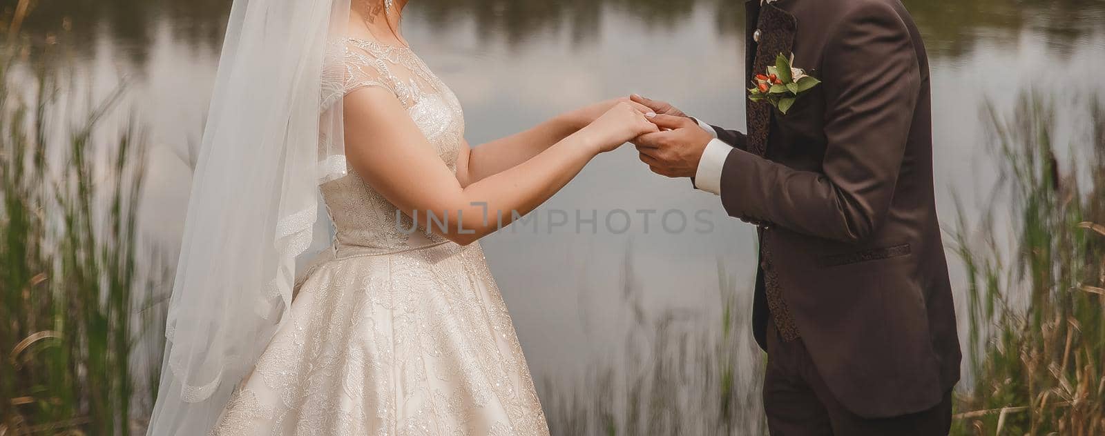 Wedding. The bride in the wedding dress stands opposite the groom in a brown suit and holds hands outdoors by AYDO8