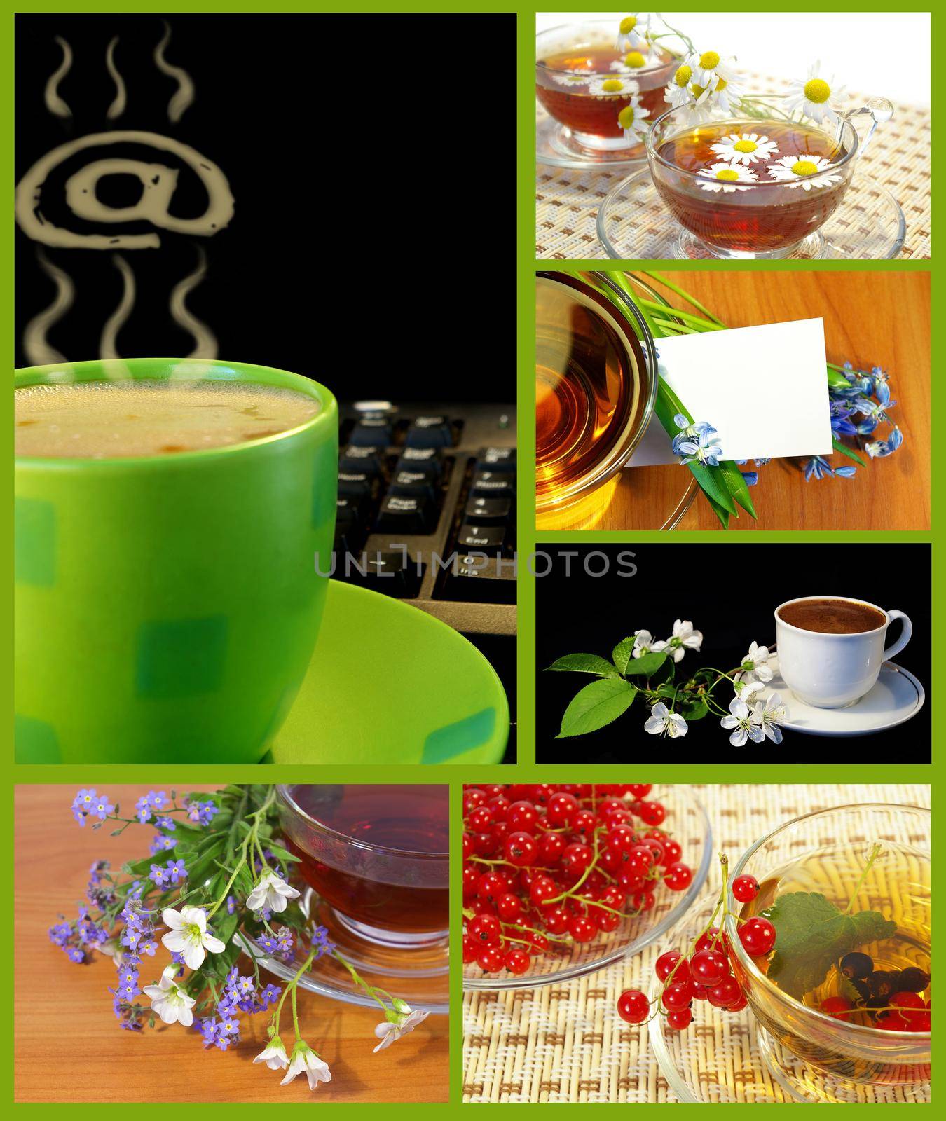 Coffee and tea cups collection on green background